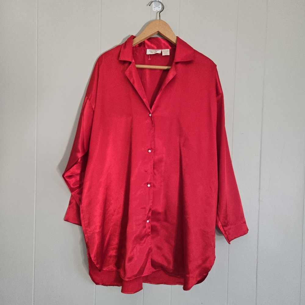 Victoria's Secret Vintage Red Satin Sleep Shirt Nightgown Gold Label New Sz M/L